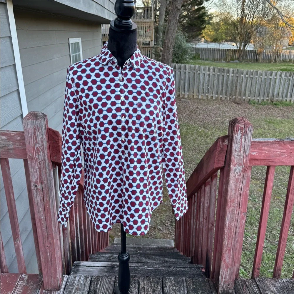 J.Crew Women’s Cotton Shirt Maroon White Navy‎ Long Sleeve Pull Over Half Button